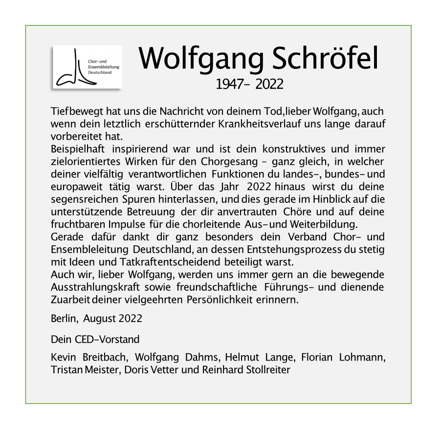 Zum Tode Wolfgang Schröfels CED